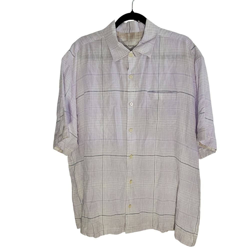 Tommy Bahama Button Up Shirt Mens XL Purple 100% Linen Plaid Short Sleeve Casual